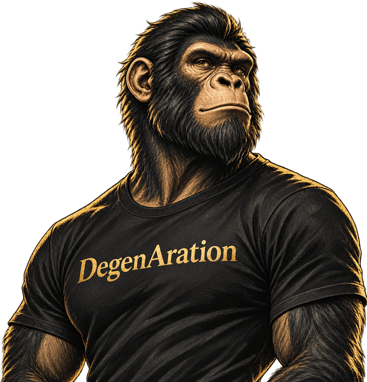 DegenAration ape wearing a branded black shirt